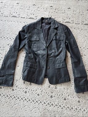 Elie Tahari Black Leather Blazer with Flap Pockets